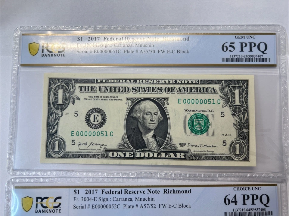 Sequential 2017 年 1 美元联邦钞票 RICHMOND 低序列号 51 & 52 PCGS 64 65 PPQ — 第 2/4 张图片