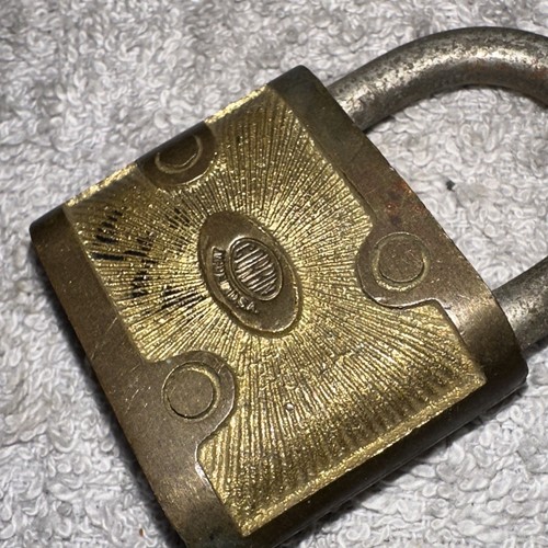 Vintage Corbin Cabinet Lock Co. ( Padlock ) No Key!! Starburst Pattern Brass - Picture 7 of 10
