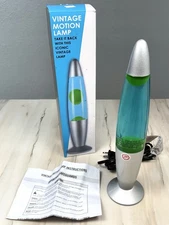 FIZZ Creations 13" Retro Motion LAVA LAMP Silver Base Blue Liquid Green Wax WORK