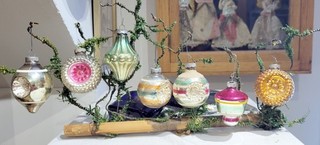 Seven different colorful 1950s Stenciled & Bright Indented Glass Ornaments.