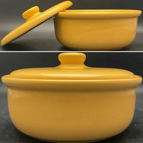 Bauer Chinese Yellow Plainware Ceramic Covered Casserole Bowl c1940s USA 1 quart