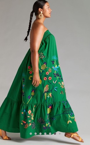 Anthropologie 3X Kelly Green Embroidered Ruffle Sleeveless Maxi Dress NWT