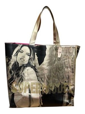Victorias Secret Alessandra Ambrosio Supermodel Gold Tone Tote Bag Pink Lining