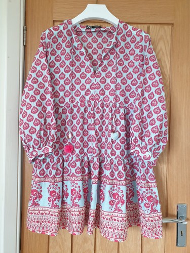 Zara Indian Floral Cotton tunic smock top mini dress Summer kaftan Boho Ibiza M - Picture 14 of 14
