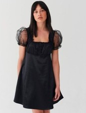 Lazy Oaf Sheer Organza Puff Sleeve Black Satin Mini Dress, Sz 10,