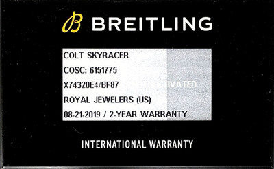Breitling Colt SkyRacer X74320E4/BF87 Authentic Watch Certificate Warranty 2019