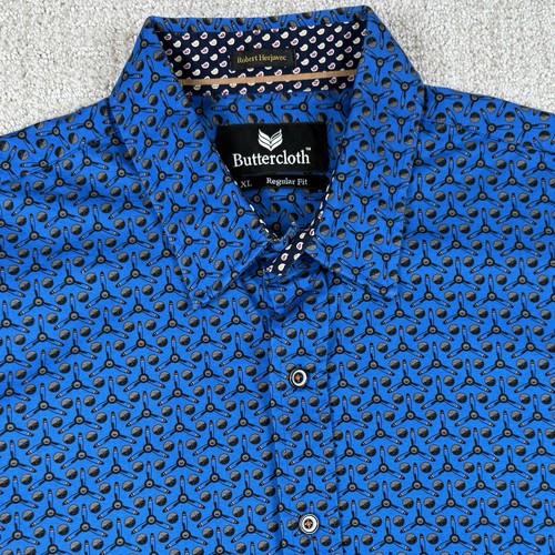 Camisa Buttercloth Para Hombre XL Calce Regular Azul Geométrico AOP Manga Corta Abotonada - Imagen 1 de 6