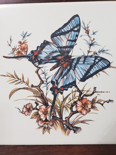 Vintage Butterfly Tile & Wood Framed Trivet Or Wall Hanging USA - Picture 2 of 13