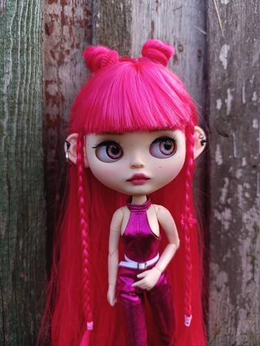 Custom Blythe Doll OOAK Pink Hair with Heart Glasses Jumpsuit Bulldog Toy - Picture 11 of 21