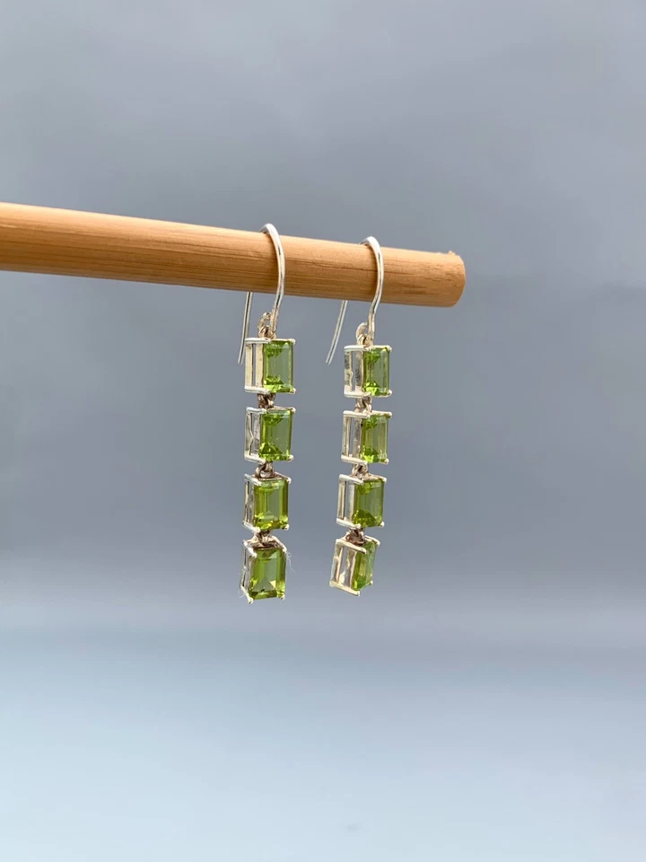 Emerald Cut Peridot Dangle Earrings: Handmade 925 Sterling Silver - Image 3 of 4