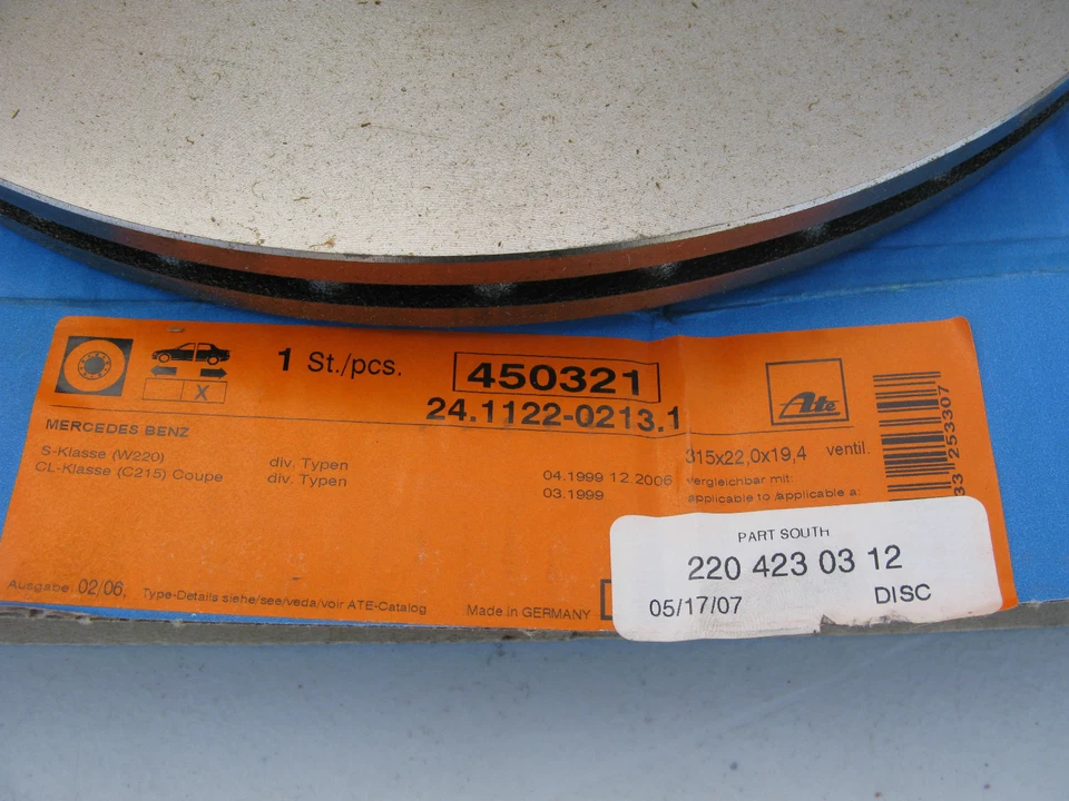 Rotor de freno de disco ATE 450321 2204230312 para MERCEDES BENZ 2001-2002 Foto 2 de 4