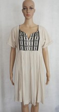 Free People Cream Gauzy Peasant Dress Black Embroidered Bodice Womens Medium
