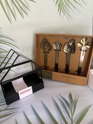 NEW Smith & Hawken 4pc Metal Herb Marker Set Gold Indoor/Outdoor With Planter