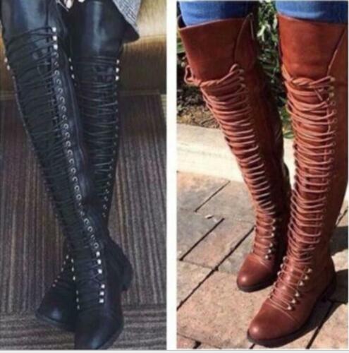 Women's Thigh High Punk Over The Knee Boots Lace Up Flat Low Heels Riding Shoes - Picture 1 of 18
