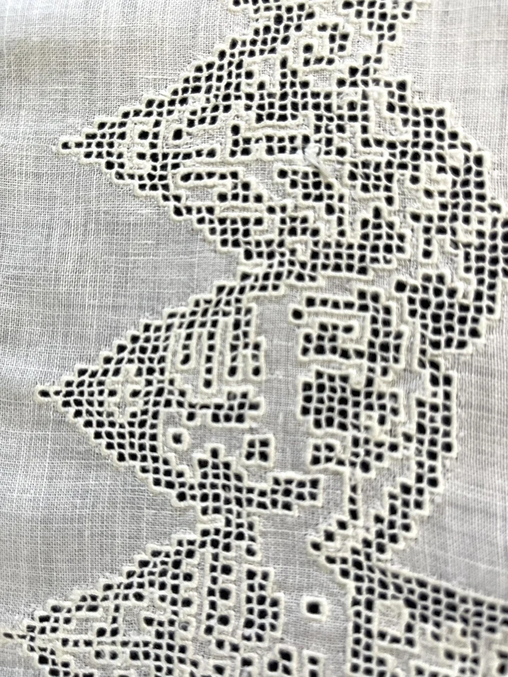Antique Figural Italian hand Punto Tirato Lace & Linen Monogram Table Runner - Image 2 of 4