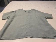 nEST ROBE JAPAN 100% LINEN SHORT SLEEVE PULLOVER SHIRT BLOUSE LIGHT GREEN OS