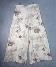 Citron of Santa Monica Floral Beads Print Beige Silk Wide Leg Crop Pants Size XL