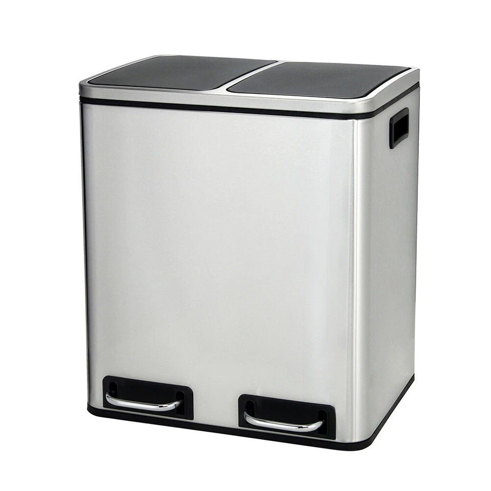 2 Compartment Step On Trash Can Kitchen Garbage Recycling Bin 60L Steel Dustbin - Image 2 of 4