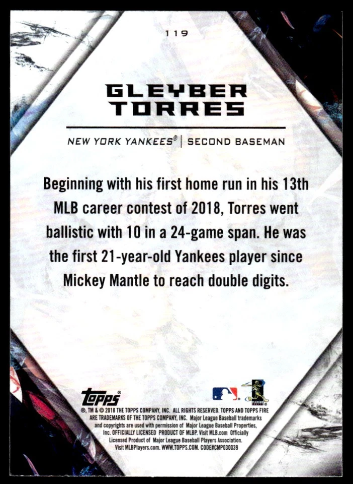 2018 Topps Fire RC- Gleyber Torres Rookie New York Yankees #119 - Image 2 of 2
