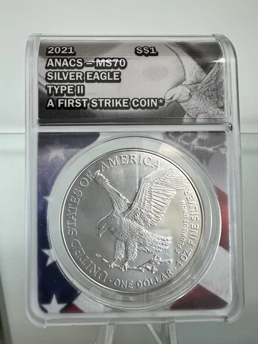 2021 $1 AMERICAN 1 oz .999 SILVER EAGLE ANACS MS70 TYPE 2 FIRST STRIKE LABEL