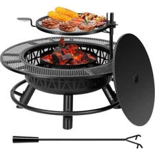 35in Wood Burning Patio Round Fire Pit Backyard Grill Set with Cooking Grates