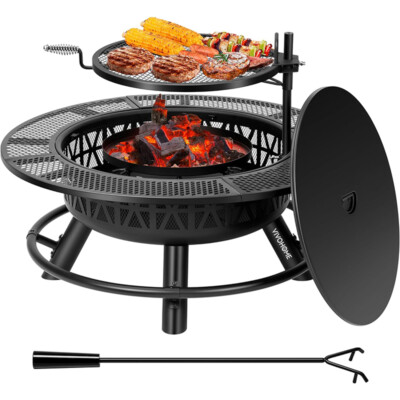 35  Outdoor Wood Burning Fire Pit BBQ Grill Backyard Patio Fireplace with Lid