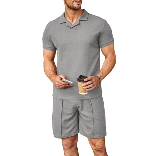 Mens Short Sleeve Polo Shirts Shorts Mens Waffle Fashion Casual Tracksuit Sets - Picture 6 of 32