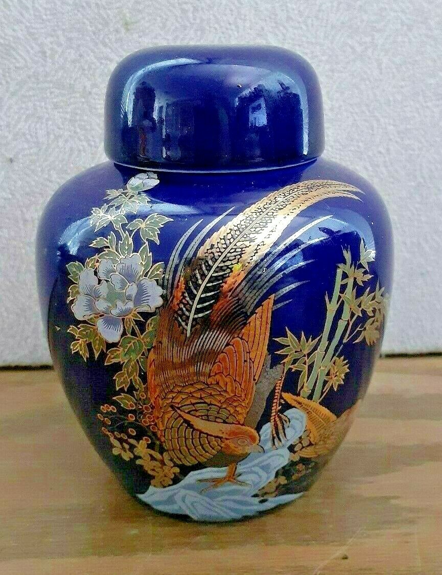 Vintage Asian Cobalt Blue w/ Gold 5” Ginger Jar Yen w/ Lid Pheasant in the Wild eBay