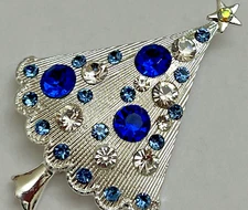 Christmas Tree Rhinestone Brooch Pin Crystal Glass Holiday Vintage Royal Blue US