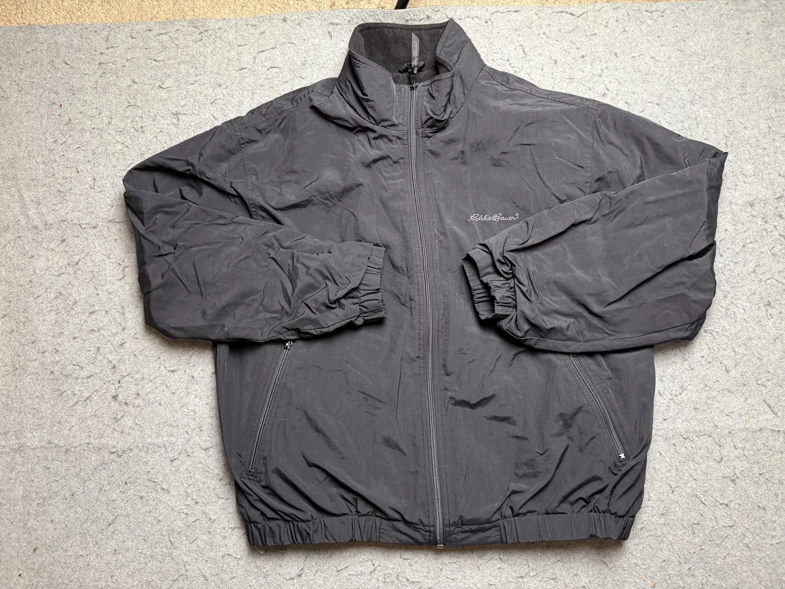 Eddie Bauer Jacket Mens Large Gray Nylon Shell Fleece Lined Full Zip Windbreaker