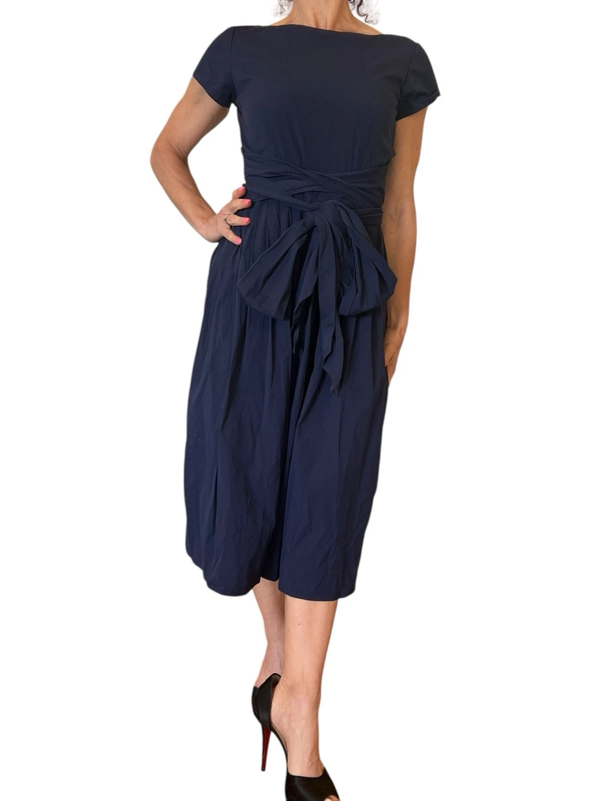 ABITO BLU NAVY COLLEZIONE MICHAEL KORS COTONE FIOCCO FASCIA MIDI BATEAU COLLO CAPPUCCIO MANICA 2