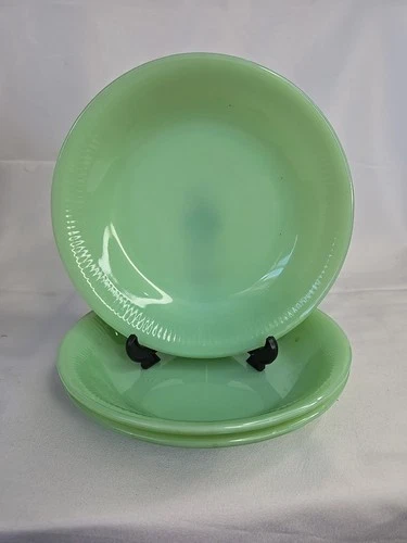 Set of 3  7 1/2” Jadeite Fire King Jane Ray Ribbed Oven Ware Shallow Soup Bowls