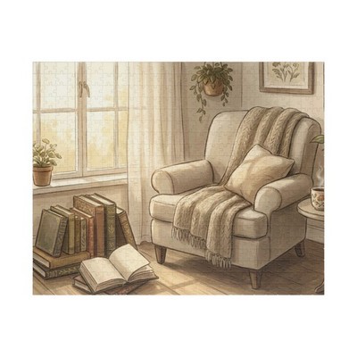 Cozy Armchair Reading Nook Puzzle 500/1000 Piece | Warm Neutral Illustration