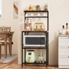 Kitchen Bakers Rack with Storage Shelves, Small Coffee Bar Cart with 8 Hooks