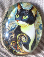 XL GLASS DOME PIC BUTTON - ADORABLE TUXEDO CAT IN FRONT OF WILD WALLPAPER