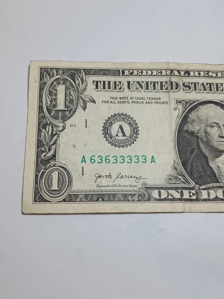 2017A $1 A BOSTON BEP A-A BLOCK BINARY WITH 5 3's  REPEATER(A636333333A) - Image 4 of 4