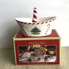 Spode Christmas Tree Peppermint Handle Basket Candy Dish 6.5 inch New in Box