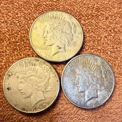 Set of 3 Peace Dollars (2) 1923-S, (1) 1922-S Silver U.S. Coins 90% #4
