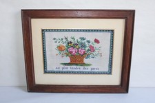 Ancien tableau broderie de perles miniature "au plus tendre des pères" fleurs