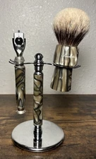 RAZOR HANDLE & SHAVING BRUSH on Stand 3-Piece Set
