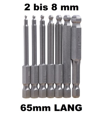 7 tlg Kugelkopf Bit Set 65mm lang 1/4'' LANG Ø 2 2.5 3 4 5 6 8 mm Hexagonal Kugel
