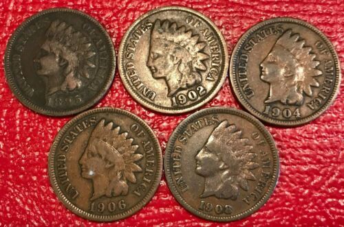VINTAGE VERY NICE LOT OF 5 INDIAN HEAD CENTS-1895,1902,1904,1906,1908-DEC140