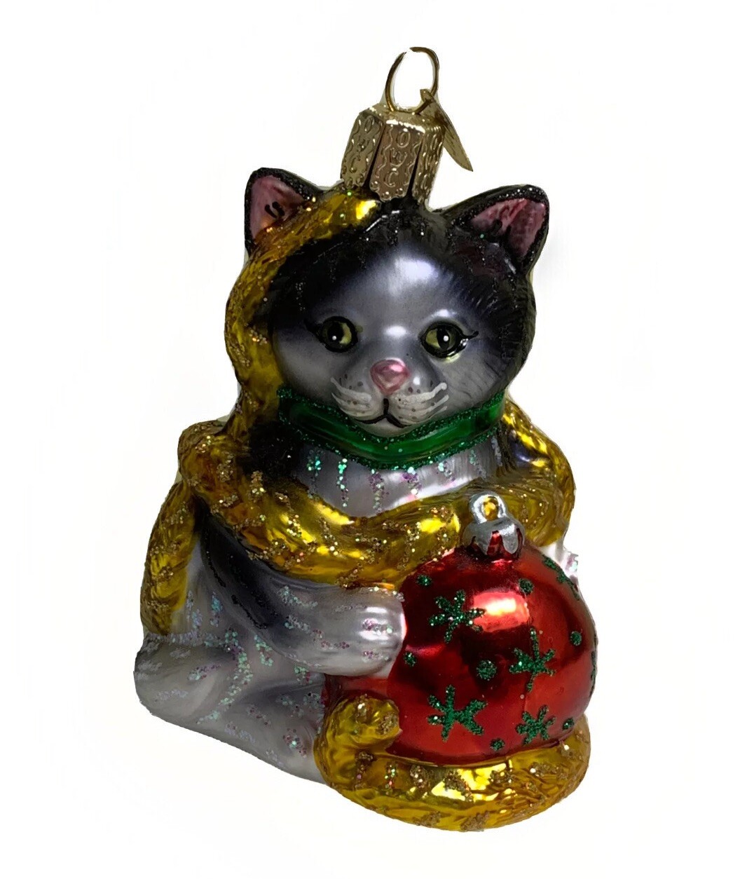 Old World Christmas Holiday Kitten Glass Ornament Glitter Grey Black ...