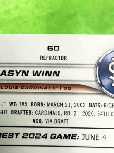 Masyn Winn RC - Refractor - 2024 Bowman's Best #60 St Louis Cardinals Rookie - Picture 11 of 12