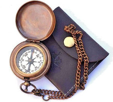 Handmade Nautical Brass Push Open Compass On Chain with Leather Case
