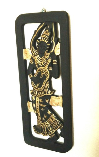 Wood Carved Wall Art Panel Small Black Thai Angel Vintage mandolin Gold trim - Picture 16 of 16