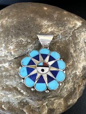 Turquoise Mother Of Pearl Onyx Sun face Zuni Sterling Silver Pendant 15179