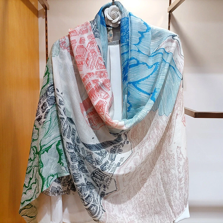 Pure 300s Cashmere Scarf Wrap Shawl Flower Print Soft Delicate Light 78
