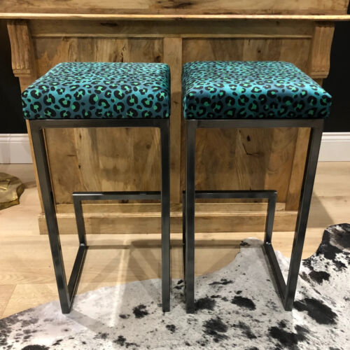 Teal Two Tone Leopard Print Luxury Modern Bar Stools (pair) - Picture 6 of 8