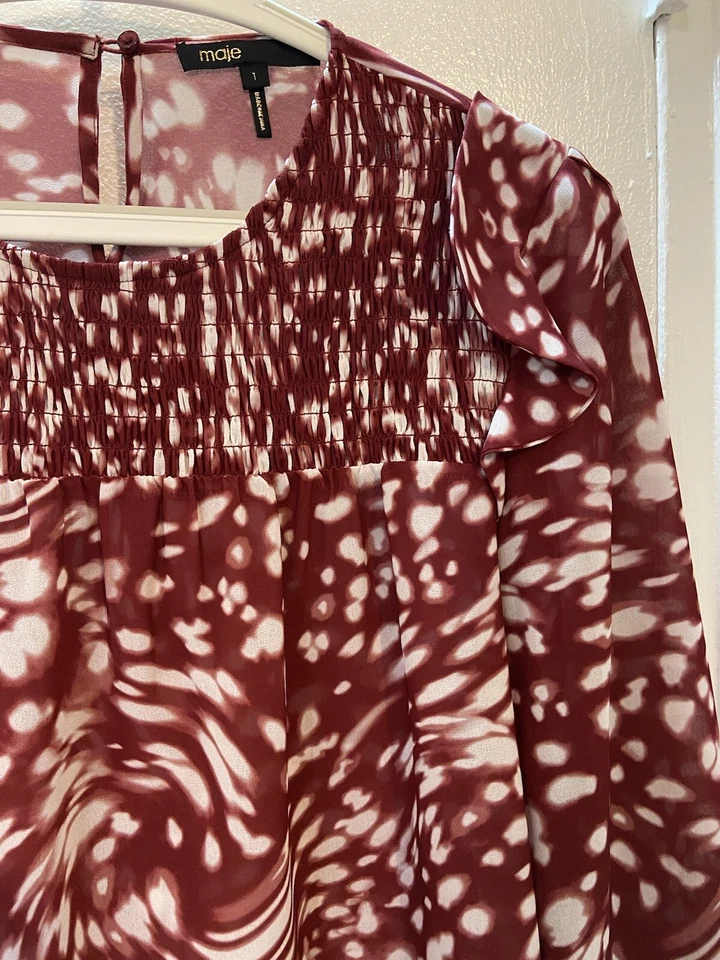 Maje women's Lipone  swirling dot smocked long sleeve blouse Sz 1/US S - Image 4 of 4